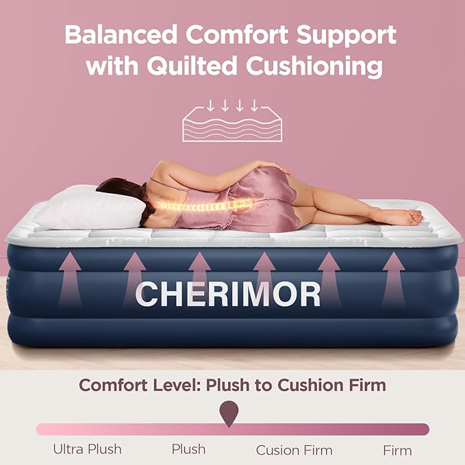 Queen Air Mattress with Built-in Pump & Luxury Quilted Topper (Washable&Detachable), 20" Raised Comfort, 800lb Support, 4.5 Min Fast Inflate, Blow up Mattress for Guest Camping & Home