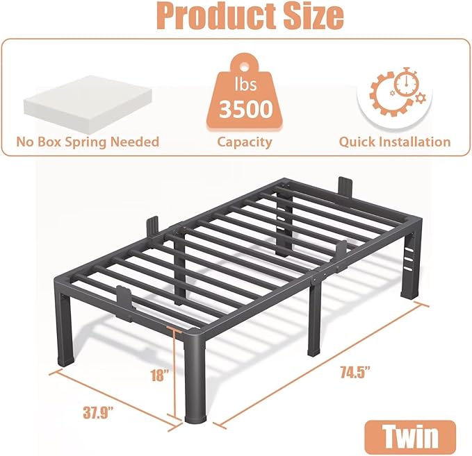 18 Inch Twin Bed Frame with Rounded Corner and Headboard Hole Mattress Retainers 3500 lbs Heavy Duty Support Metal Platform Bed Frame Noise Free No Box Spring Needed Easy Assembly