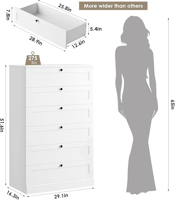 HOSTACK White 6 Drawer Dresser for Bedroom, 52" Tall Dresser & Chest of Drawers, 29" W Wood Drawer Chest, Modern Vertical Storage Cabinet for Living Room, Entryway, Hallway