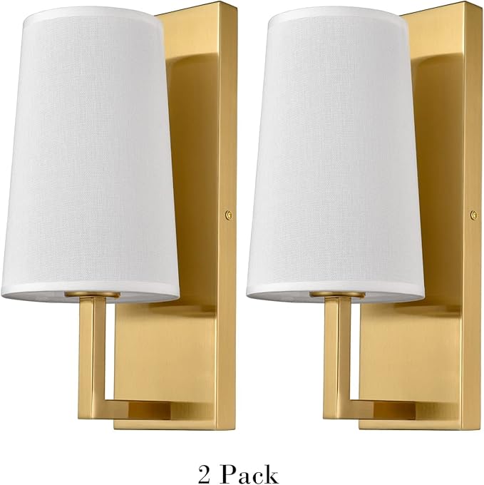 Gold Wall Sconces Set of Two Mid-Century Modern Fabric Shade Sconces Wall Lighting Indoor Brass Wall Lamp for Bedroom Hallway Living Room