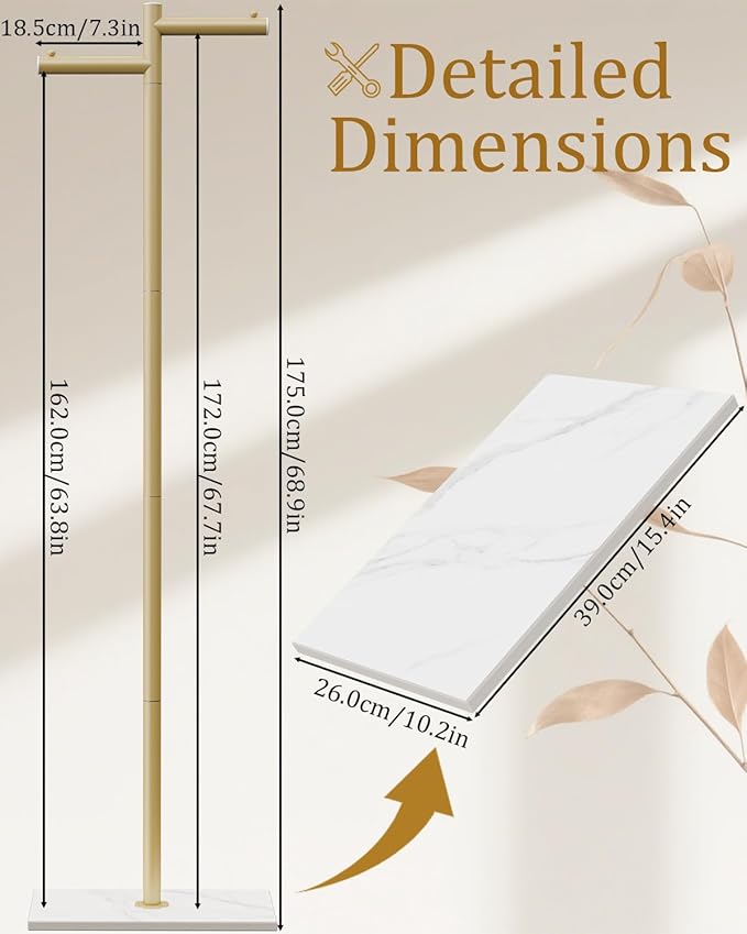 Free-standing Metal Coat Racks, Modern Garment Rack, Z-shaped Coat Tree with Natural Rock Base, for Bedroom, Office, Hallway, Entryway, Living Room, 68.9in, Gold