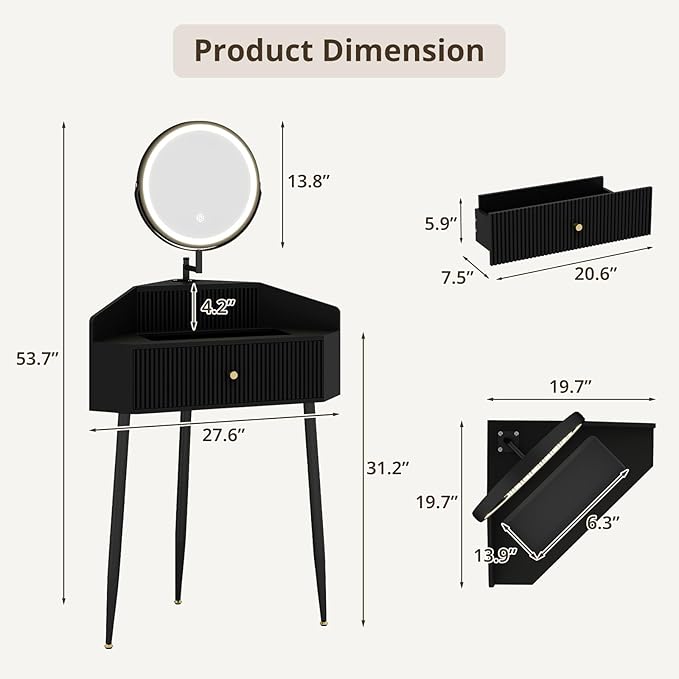 ARTETHYS Corner Vanity Desk with Retractable and Rotating Mirror and Lights Small Modern Black Makeup Vanity Set with Glass Top for Women Compact Girls Dressing Table with Storage for Small Space
