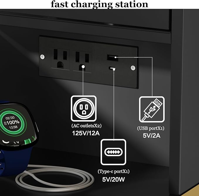 47.24" Big Modern Vanity Desk with Mirror and Lights, Vanity Desk with 29.53" HD Lighted Mirror, Makeup Vanity with 5 Drawers and Storage Shelves and Charging Station, Black2