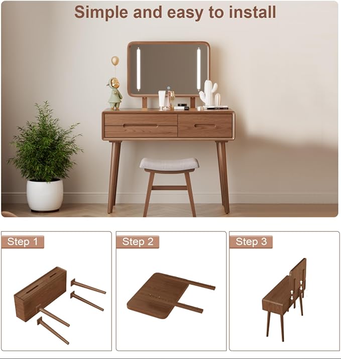 KungFuWood Natural Wooden Make up Table with Lighted Mirror,Soild Wooddressing Table with 3 Lighting Modes Brightness Adjustable,Drawers,Height Adjustable Mirror,Bedroom,Woman, Girl