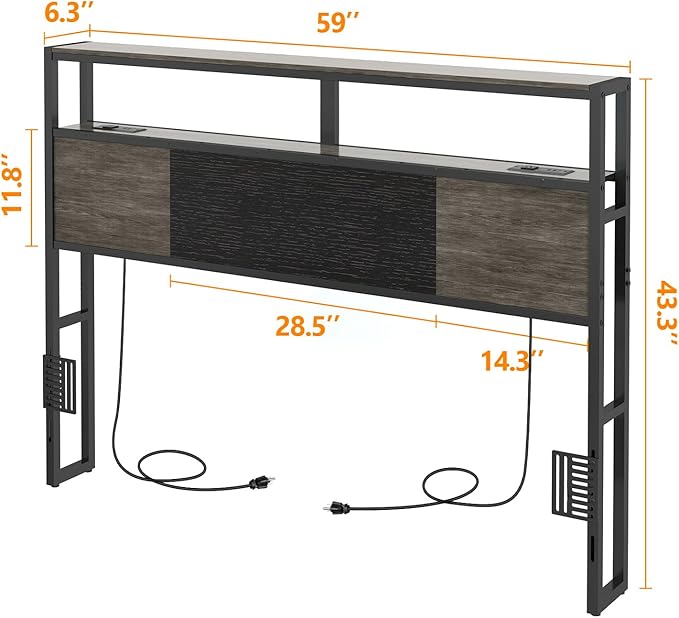 Headboard Queen Size, Headboards with Charging Station, USB Port and LED Light, Head Board with 2-Tier Storage Shelf, Adjustable Height, Easy Assembly, Sturdy and Stable, Black