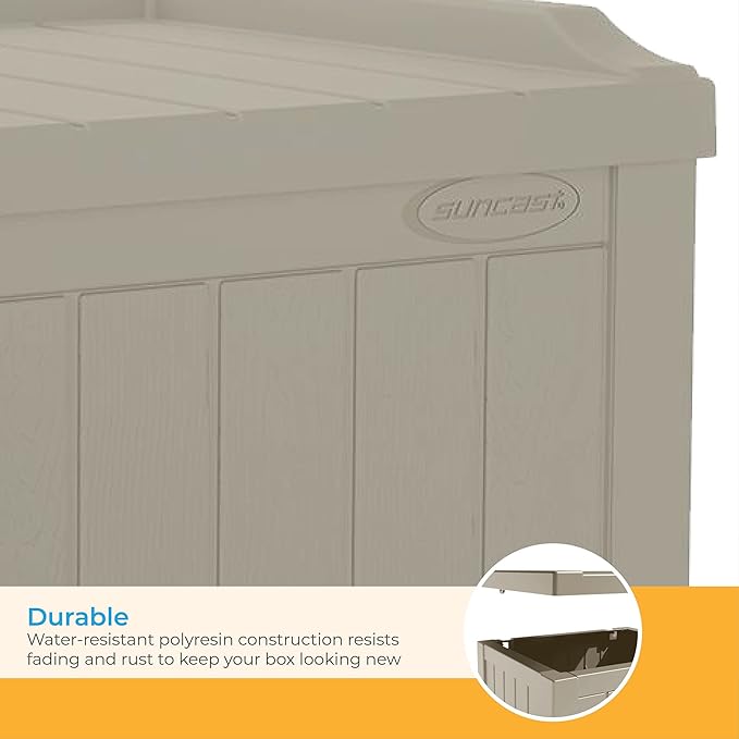 Suncast Small Deck Box-Lightweight Resin Indoor/Outdoor Storage Container and Seat Cushions and Gardening Tools Store Items on Patio, Garage, Yard, 22 Gallon, Light Taupe