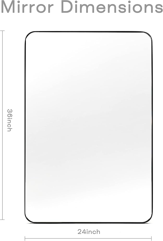 Black Bathroom Mirrors for Over Sink, 24 x 36 Inch Rounded Corner Rectangle Bathroom Vanity Mirror for Wall, Hangs Horizontally or Vertically