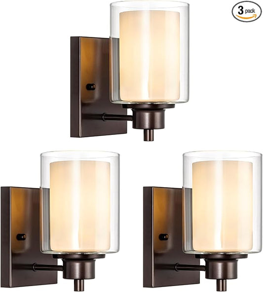 3 Pack Bath Vanity Light Fixtures, Modern Indoor Wall Scone Lighting with Dual Glass Shade, Oil Rubbed Bronze Wall Lamp for Bedroom Mirror Kitchen Living Room Entryway