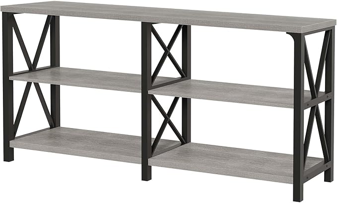 LVB Industrial Entryway Table, Farmhouse Rustic Console Table Behind Couch, Long Metal Wooden Sofa Table with Storage Shelf, Modern Foyer Hallway for Living Room Bedroom, Light Grey Oak, 63 in