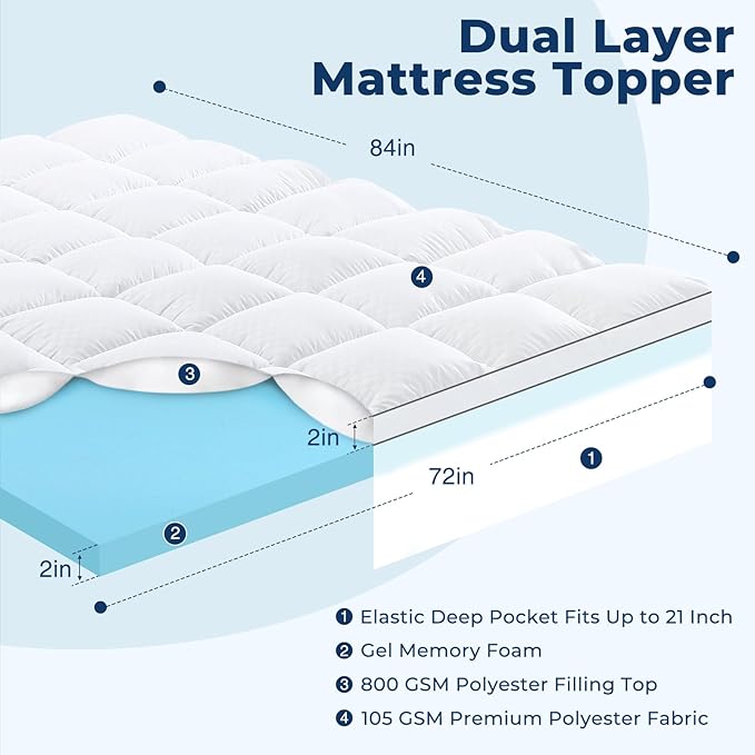 OLANLY Dual-Layer 4 Inch Cal King Size Memory Foam Mattress Topper for Back Pain, 2 Inch Cooling Pillow Top Mattress Pad Cover and 2 Inch Gel Memory Foam Topper, Deep Elastic Pocket, White