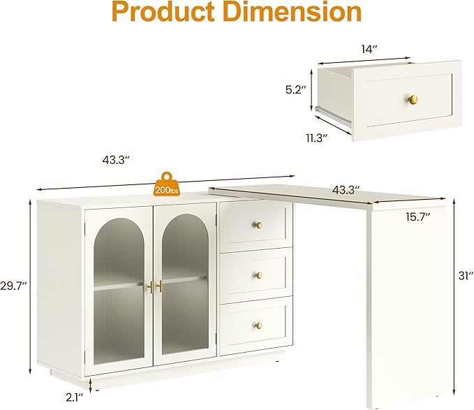 RoyalCraft White Makeup Vanity Desk, Modern L Shaped Corner Vanity with Storage, Wood Large Dressing Table for Women Girlfriend, Extendable Makeup Table for Bedroom, Cream White (Without Mirror)