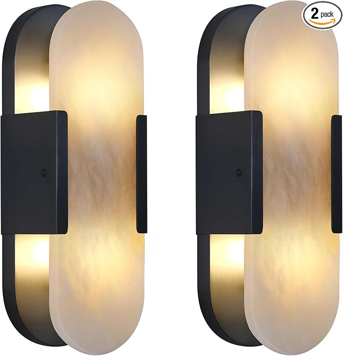 13.8 in Matte Black Alabaster Wall Sconces, Natural Marble Wall Sconces Indoor Alabaster Sconces for Living Room Modern Alabaster Sconces Wall Lighting for Dining Room Stairs Bedroom Bath