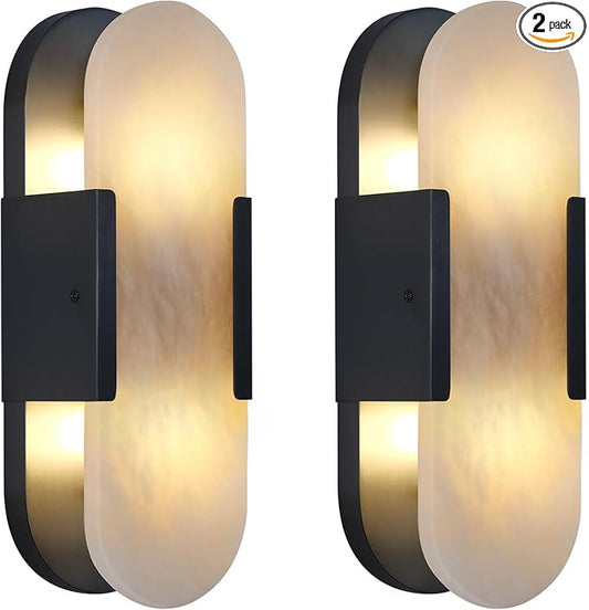 13.8 in Matte Black Alabaster Wall Sconces, Natural Marble Wall Sconces Indoor Alabaster Sconces for Living Room Modern Alabaster Sconces Wall Lighting for Dining Room Stairs Bedroom Bath