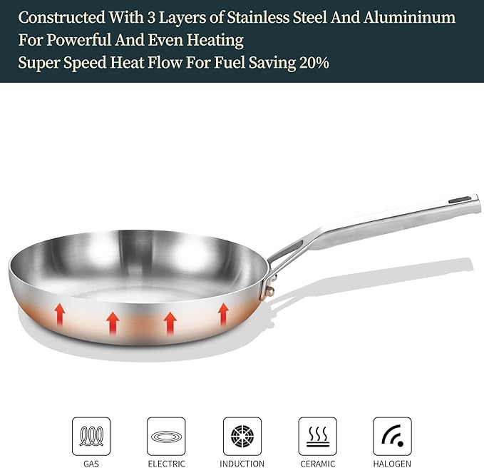 Tri-Ply Fully Bonded Stainless Steel Frying Pan, 10",With Tempered Glass Lid, Chef's pan,Skillets,Induction Pan Dishwasher and Oven Safe