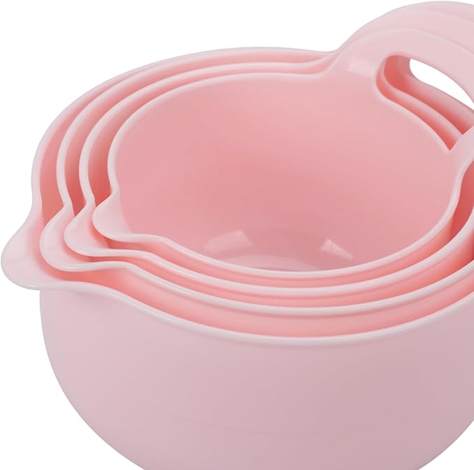 BoxedHome 4 Pack Nesting Mixing Bowl with Pour Spout and Handle, BPA free Microwave & Dishwasher Safe(Pink, 4 Pack with Handle)
