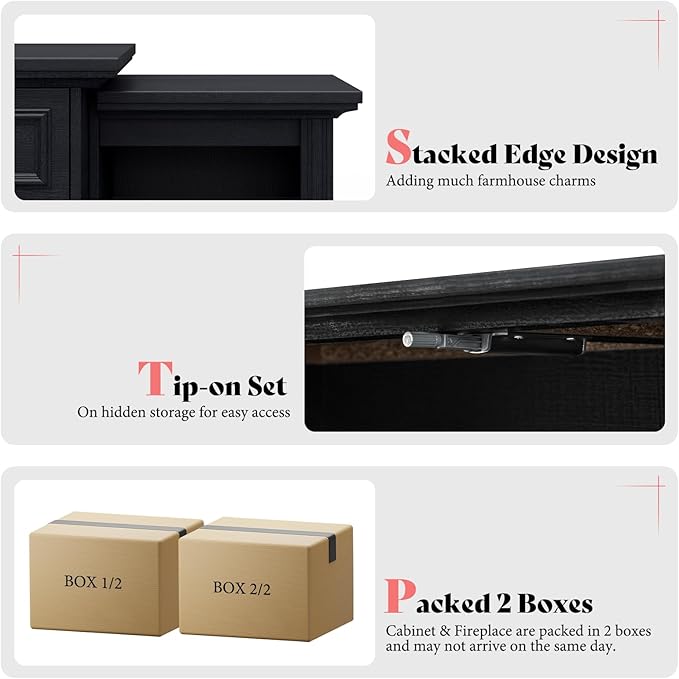 AMERLIFE 60" Electric Fireplace with Mantel, Farmhouse 3-Sided Fireplace TV Stand for TVs up to 65 Inch, Entertainment Center with Adjustable Shelves & LED Light, Antique Black