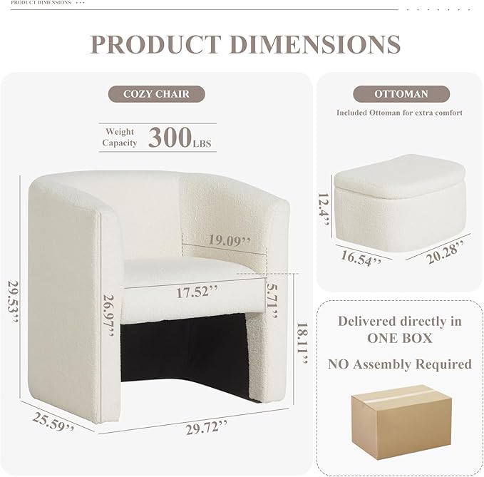 COLAMY Morden Velvet Barrel Accent Chair with Storage Ottoman Set of 2, Upholstered Living Room Side Chair, Single Sofa Armchair with Lounge Seat for Bedroom/Office/Reading Spaces, Cream