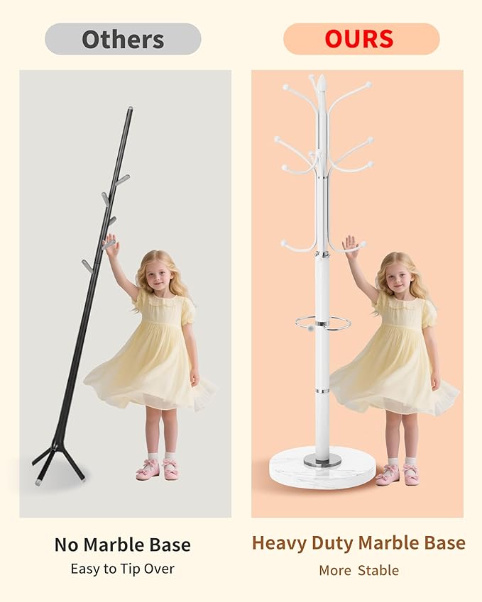 Metal Coat Rack with Natural Marble Base, Coat Rack Stand with 12 Hooks & Umbrella Holder, White Modern Freestanging Coat Racks, Coat Jacket Hanger Tree Stand for Corner Entryway Office