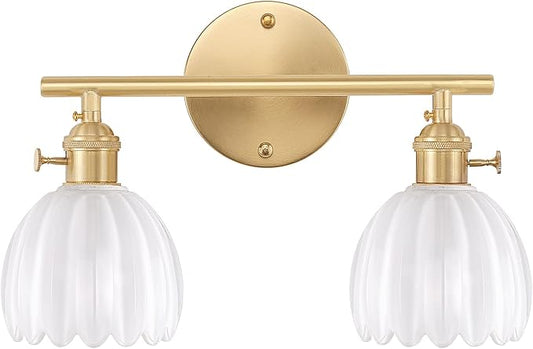 Bathroom Light Fixtures, 2-Light Brass Vanity Wall Light Over Mirror with White Tulip Glass Shade for Bedroom Living Room