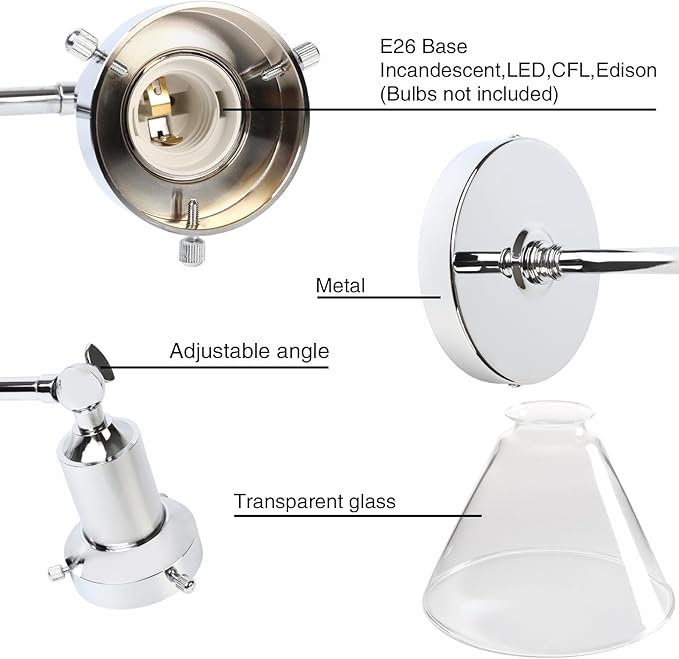 PERMO Industrial Vintage Slope Pole Wall Mount Single Sconce with Funnel Flared Clear Glass Shade Wall Sconce Light Lamp Fixtures (Chrome)