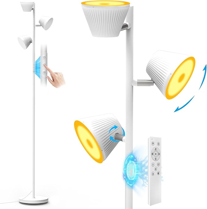 White 42W Tree Floor Lamp, Super Bright LED Standing Lamp with Remote, Modern Dimmable Floor Lamps,Individual Control, Rotable Head LED Lamp for Living Room Bedroom Office