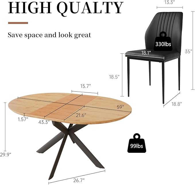 43.2"-59.1" Extendable Dining Table Set with Metal Legs, Wooden Round Kitchen Table for 4-6 Person, Oak Coffee Table w/Easy-Clean Tabletop