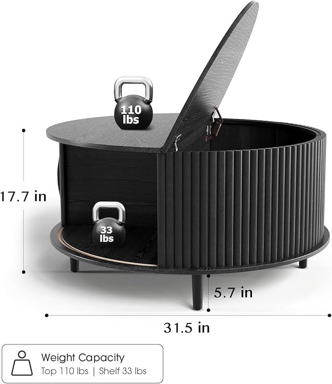 Round Coffee Table with Storage, Mid Century Modern Center Table with Sliding Cabinet Door, Fluted Dining Table for Living Room, Home Small Space, 31.5", Black