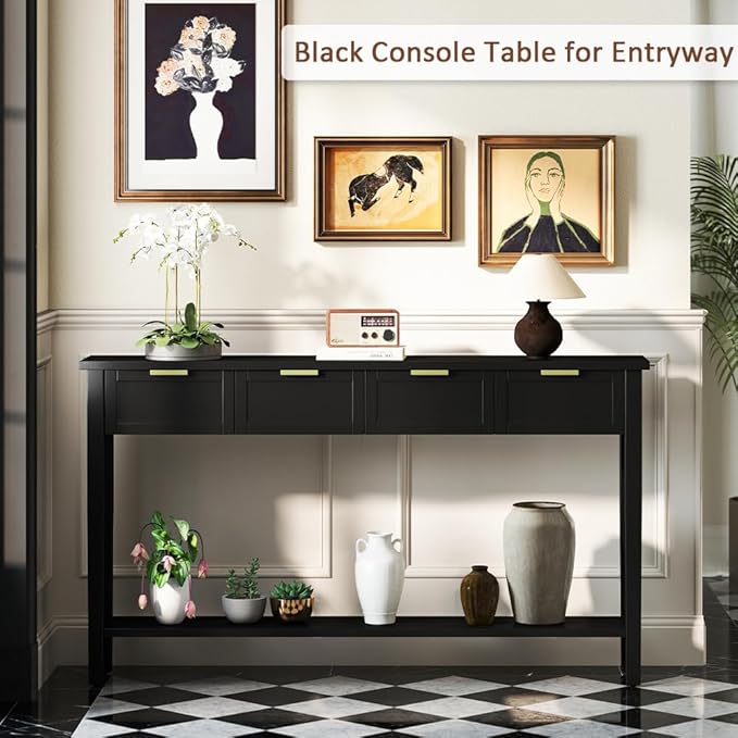 Console Tables for Entryway, 60 Inch Sofa Table w/4 Drawers and Bottom Shelf Narrow Long Hallway Table for Living Room Entryway Home, Black