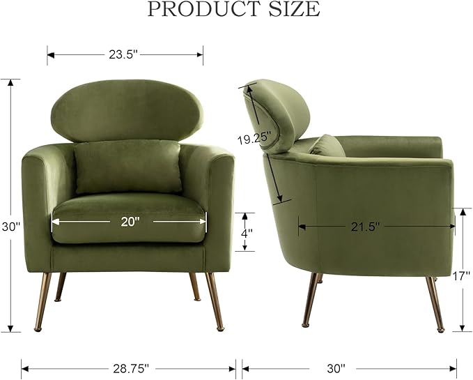 Accent Chair Upholstered Barrel Arm Chair for Living Room Bedroom Reception Room Office, Modern Soft Padded Single Sofa Chair with Golden Legs & Lumbar Pillow, Velvet Green