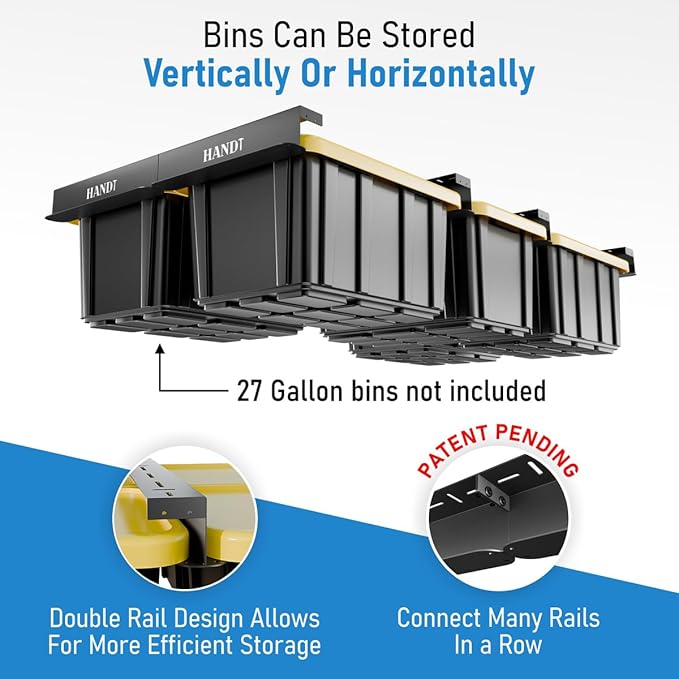 HANDT Overhead Garage Storage Rack, Connectable Heavy Duty Metal Ceiling Rails For Garage Storage Organization Shelving System, Hanging Racks For Tote Containers, Supports Up To 6 Bins, 4 Sets Black