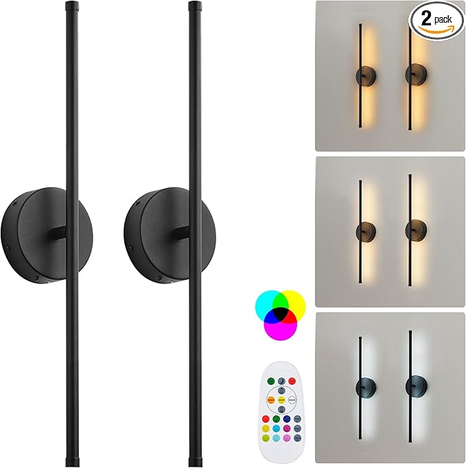 Battery Operated Wall Sconces Set of Two, with Remote Control, Dimmable, Warm White/Natural White/Daylight/RGB, 350°Rotate, LED Black Wireless Wall Light for Living Room, Bedroom, 20.4 Inch