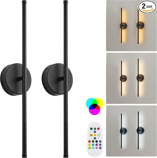 Battery Operated Wall Sconces Set of Two, with Remote Control, Dimmable, Warm White/Natural White/Daylight/RGB, 350°Rotate, LED Black Wireless Wall Light for Living Room, Bedroom, 20.4 Inch