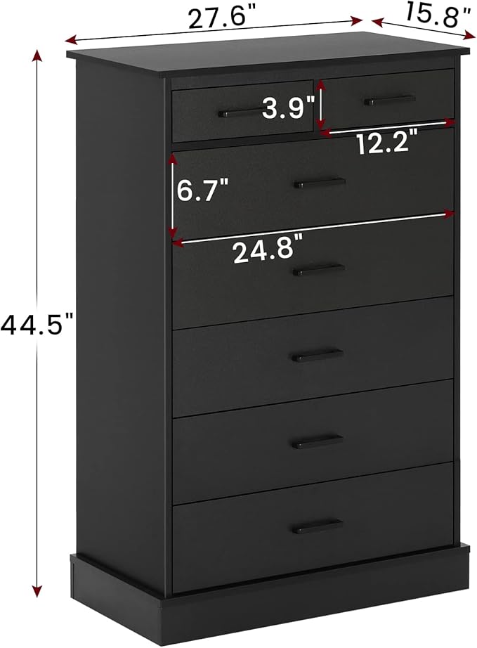 Hasuit Black Dresser for Bedroom, Tall 7 Drawer Dresser with Sturdy Base, Wood Storage Tower Clothes Organizer, Large Storage Cabinet, Chest of 7 Drawers for Closet, Living Room, Hallway