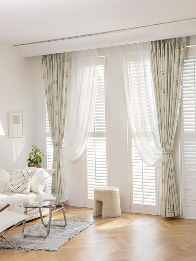 Linen Blend Pinch Pleated Curtains for Living Room, Bedroom, Dining Room - Light Filtering Curtains 2 Panels Set - Luxury & Modern Floral Printed Design - Antique White, 30" W x 108" L