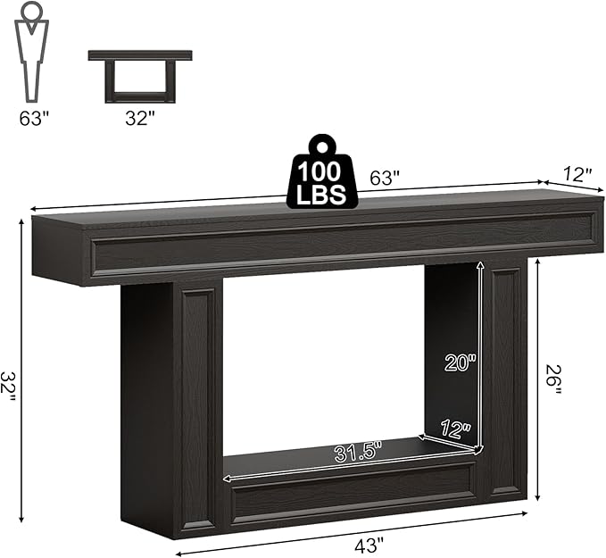 Rresyet 63" Console Table, 2-Tier Entryway Table with Sensor Lights, Coffee Table Behind The Sofa, with U-Shaped Base Suitable for Entryways, Living Rooms, Corridors, and Foyers(Black)