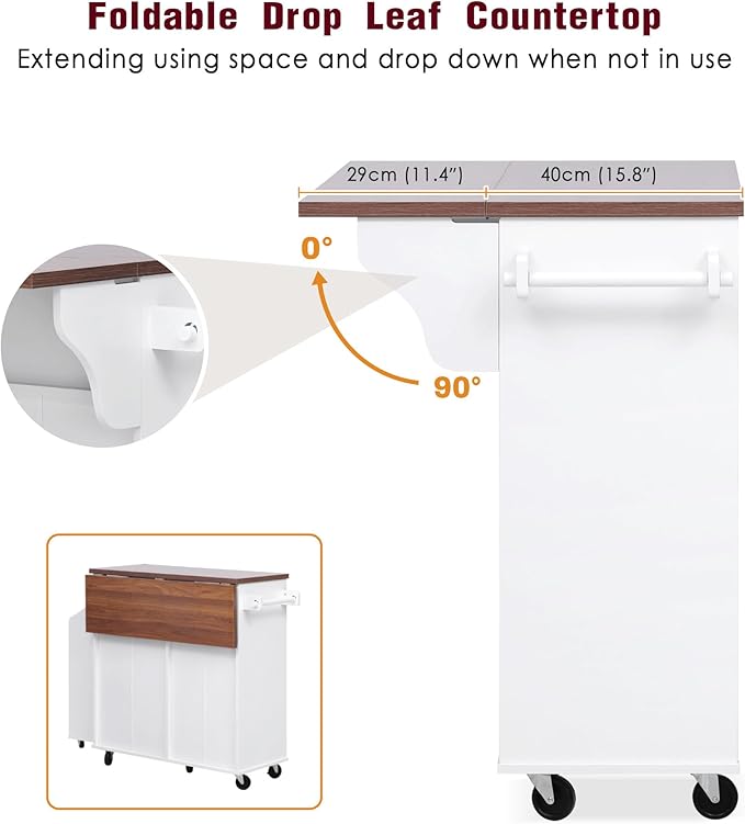 Farmhouse Kitchen Island with Drop Leaf & Wheels, 47.2" Rolling Kitchen Cart with Removable Side Racks, 2 Drawers, Towel Hooks & Trash Bin Cabinet for Small Space, Dining Room, Rustic Home Decor