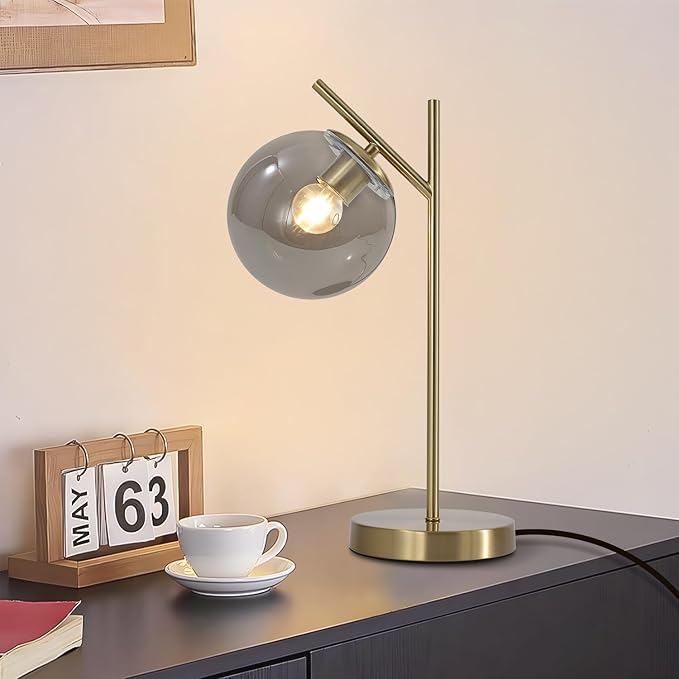 Mid Century Desk Lamp Glass Globe Table Lamp with Gray Glass lampshade Gold Modern Bedside Lamps for Bedroom Living Room Study Room