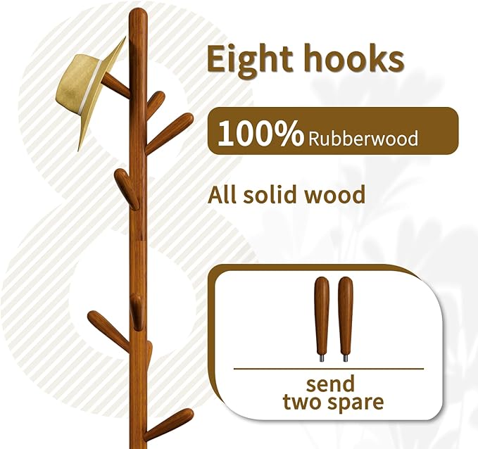 Solid Wood Square Base Coat Rack, Free Standing Hall Coat Tree with 8 Hooks（+2 spare for Coats, Hats, Bags, Purses, for Entryway, Hallway, Rubberwood Hooks,Base and Pole,(Square Base,Brown)