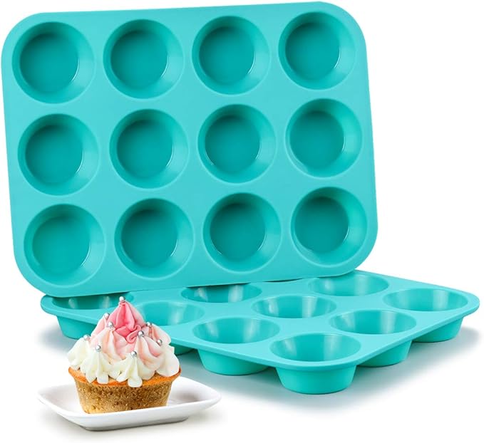 CAKETIME Silicone Muffin Pan Set, Cupcake Pans 12 Cups Silicone Baking Molds, Food Grade, Pinch Test Approved, Pack of 2