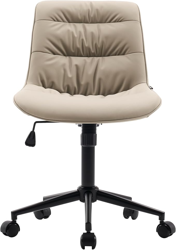 Kidol & Shellder Faux Leather Office Chair, Adjustable Swivel Height Task Chair, Rolling Wheels & Soft Backrest - Armless Ergonomic Desk Chair for Home, Office,Vanity,Gaming（Khaki）