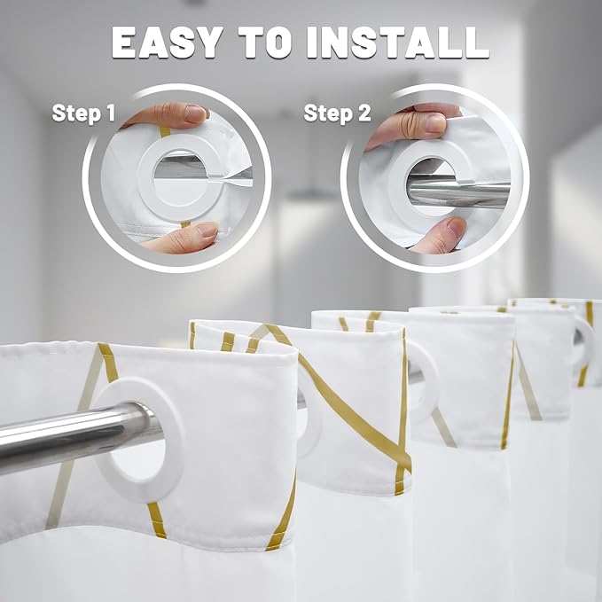 No Hook Gold White Striped Shower Curtain with Snap in Liner Set - Hotel Shower Curtain and Liner Set with See Through Mesh Top Window,Machine Washable, 71x74 INCH