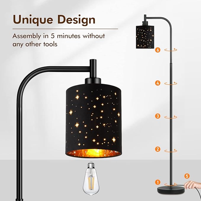 Gothic Industrial Floor Lamp with Starry Laser Cut Shade, 67" Black Metal Standing Lamp with 6W LED Bulb,Foot Switch, Perfect Halloween Spooky Home Decor,Tall Floor Lamp for Bedroom, Living Room,Black