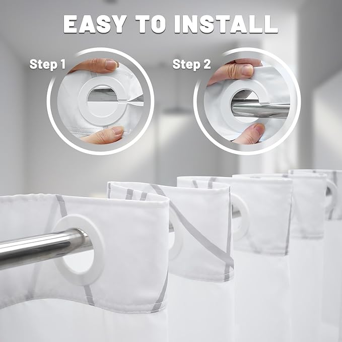 No Hook Ombre Grey White Striped Shower Curtain with Snap in Liner Set - Hotel Shower Curtain and Liner Set with See Through Mesh Top Window,Machine Washable, 71x74 INCH