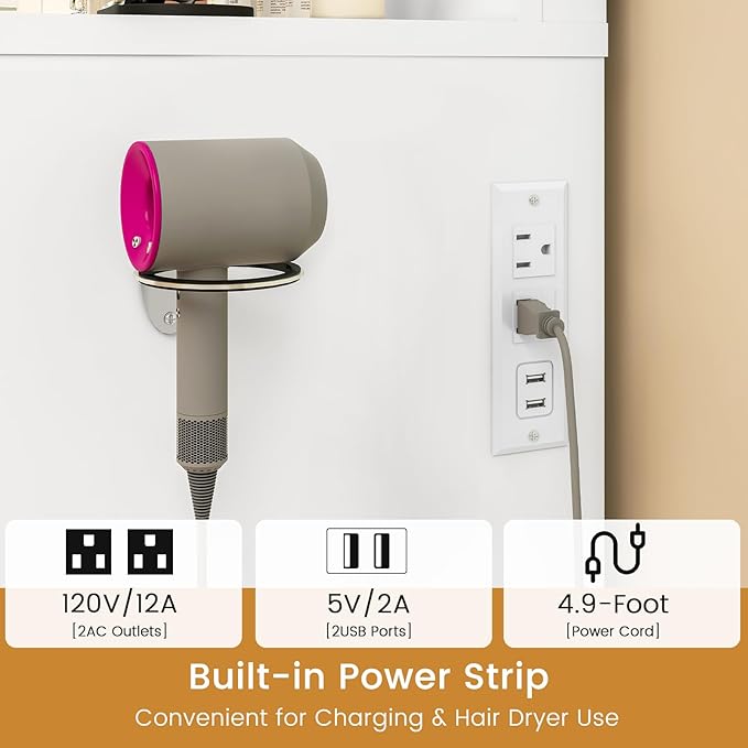 Quimoo Vanity Desk with Large Lighted Mirror and Power Outlet, 46" Makeup Vanity with 9 Drawers and Glass Desktop, Vanity Table with 12 LED Lights, 3 Lighting Color Adjustable, White