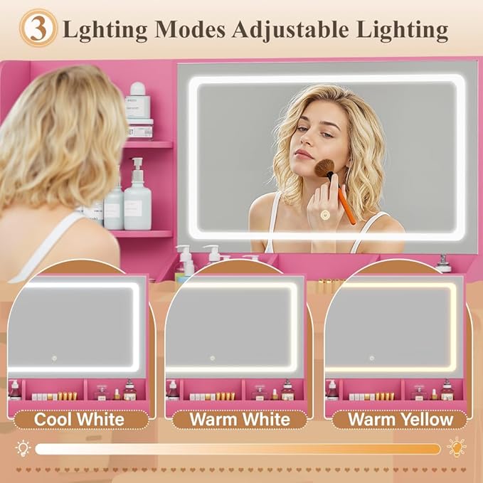 JUMMICO Makeup Vanity Desk with Mirror and Lights, L- Shaped Vanity, Modern Vanity Table with 5 Drawers & Adjustable Shelves, Power Outlet with Fast Charging, for Bedroom (Pink)