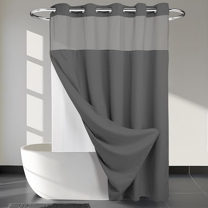 River Dream Heavyweight No Hooks Required Dotted Waffle Weave Shower Curtain with Snap in Liner - 71W x 74H,Hotel Grade,Spa Like Bath Curtain,Graphite Grey