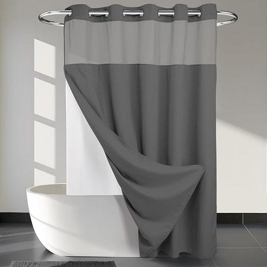 River Dream Heavyweight No Hooks Required Dotted Waffle Weave Shower Curtain with Snap in Liner - 71W x 74H,Hotel Grade,Spa Like Bath Curtain,Graphite Grey