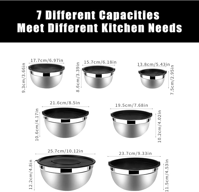 Lazycorner Stainless Steel Mixing Bowls with Airtight Lids Set of 7 Stainless Steel Bowls Set with 3 Grater Attachments Great for Serving & Baking