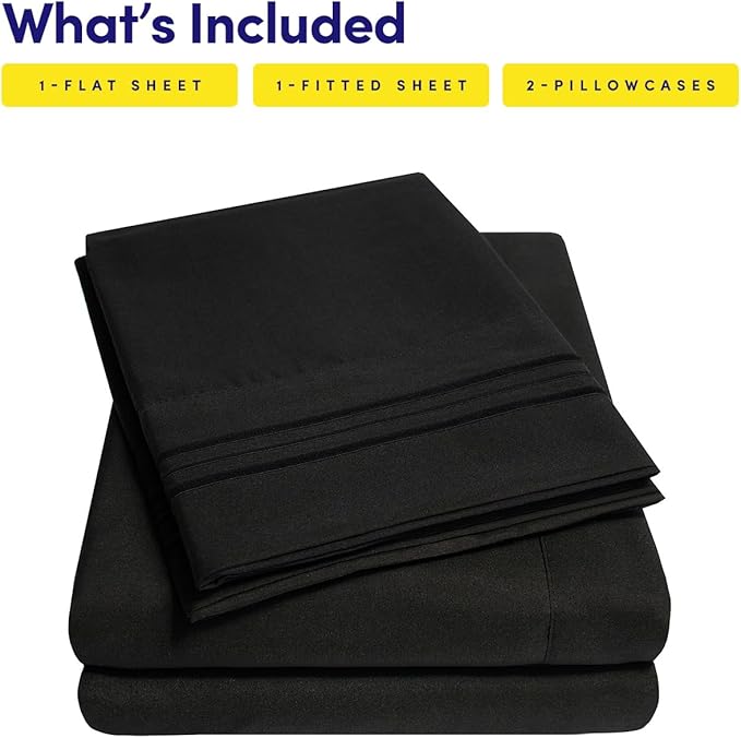 1500 Supreme Collection Twin Sheet Sets Black - 3 Piece Bed Sheets and Pillowcase Set for Twin Mattress - Extra Soft, Elastic Corner Straps, Deep Pocket Sheets, Twin Black