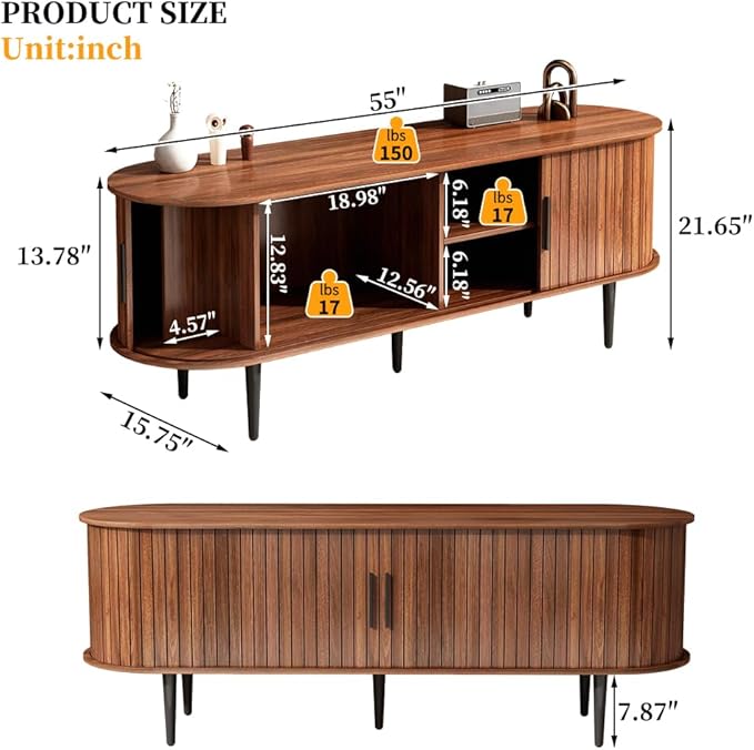 55" Mid-Century Modern TV Stand with Sliding Door & Storage | Walnut Media Console for Living Room | Gaming Entertainment Center Cabinet for Bedroom/Office (55")